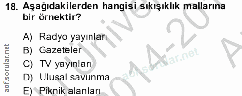 18. soru: Aşağıdakilerden hangisi sıkışıklık mallarına bir örnektir? A) Radyo yayınları B) Gazeteler ar.net C) TV yayınları D)…