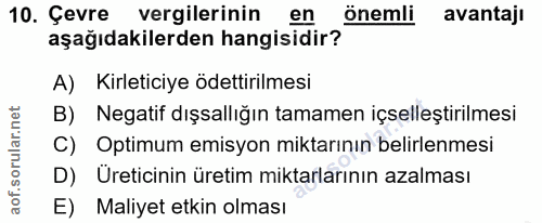 10. soru: Çevre vergilerinin en önemli avantaji aşağıdakilerden hangisidir? A) Kirleticiye ödettirilmesi B) Negatif dışsallığın…