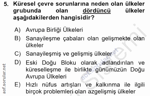 5. soru: Küresel çevre sorunlarına neden olan ülkeler grubunda olan dördüncü ülkeler aşağıdakilerden hangisidir? A) Avrupa Bir…