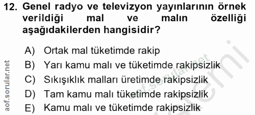 12. soru: Genel radyo ve televizyon yayınlarının örnek verildiği ve malın özelliği aşağıdakilerden hangisidir? A) Ortak mal tük…