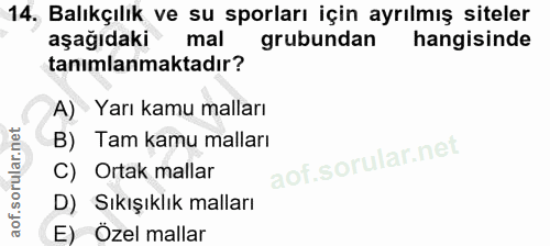 14. soru: Balıkçılık ve su sporları için ayrılmış siteler aşağıdaki mal grubundan hangisinde tanımlanmaktadır? A) Yarı kamu mal…