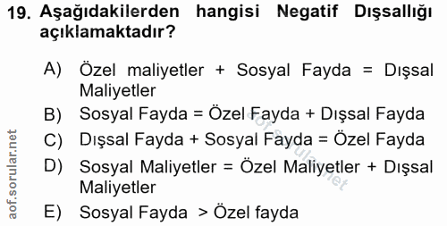 19. soru: Aşağıdakilerden hangisi Negatif Dışsallığı açıklamaktadır? A) Özel maliyetler + Sosyal Fayda = Dışsal Maliyetler B) S…