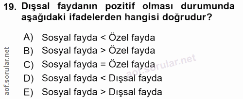 19. soru: Dışsal faydanın pozitif olması durumunda aşağıdaki ifadelerden hangisi doğrudur? A) Sosyal fayda < Ozel fayda B) Sosy…