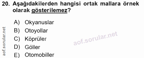 20. soru: Aşağıdakilerden hangisi ortak mallara örnek olarak gösterilemez? A) Okyanuslar B) Otoyollar C) Köprüler D) Göller E)…