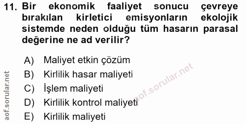11. soru: Bir ekonomik faaliyet sonucu çevreye bırakılan kirletici emisyonların ekolojik sistemde neden olduğu tüm hasarın para…