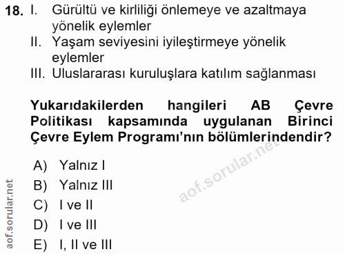 18. soru: I. Gürültü ve kirliliği önlemeye ve azaltmaya yönelik eylemler II. Yaşam seviyesini iyileştirmeye yönelik eylemler Il…