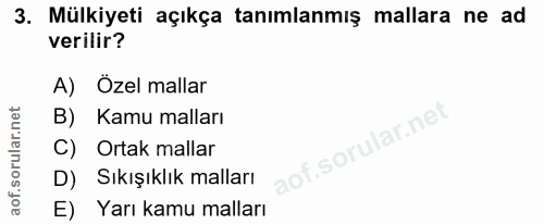 3. soru: Mülkiyeti açıkça tanımlanmış mallara ne ad verilir? A) Özel mallar B) Kamu malları C) Ortak mallar D) Sıkışıklık mall…