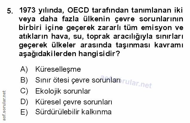 5. soru: 1973 yılında, OECD tarafından tanımlanan iki veya daha fazla ülkenin çevre sorunlarının birbiri içine geçerek zararlı…