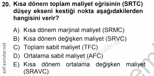 20. soru: Kısa dönem toplam maliyet eğrisinin (SRTC) düşey ekseni kestiği nokta aşağıdakilerden hangisini verir? A) Kısa dönem…