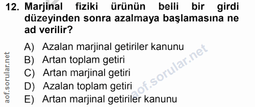 12. soru: Marjinal fiziki ürünün belli bir girdi düzeyinden sonra azalmaya başlamasına ne ad verilir? A) Azalan marjinal getiri…