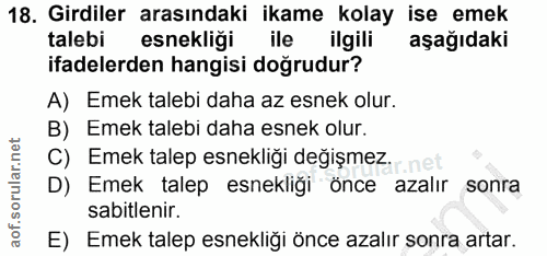18. soru: Girdiler arasındaki ikame kolay ise emek talebi esnekliği ile ilgili aşağıdaki ifadelerden hangisi doğrudur? A) Emek…