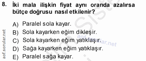8. soru: İki mala ilişkin fiyat aynı oranda azalırsa bütçe doğrusu nasıl etkilenir? A) Paralel sola kayar. B) Sola kayarken eğ…