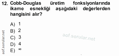 12. soru: Cobb-Douglas üretim fonksiyonlarında ikame esnekliği aşağıdaki değerlerden hangisini alır? A) 1 B) 2 C) 3 D) 4 E)