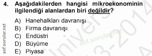 4. soru: Aşağıdakilerden hangisi mikroekonominin ilgilendiği alanlardan biri değildir? A) Hanehalkları davranışı B) Firma davr…