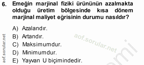 6. soru: Emeğin marjinal fiziki ürününün azalmakta olduğu üretim bölgesinde kısa dönem marjinal maliyet eğrisinin durumu nasıl…