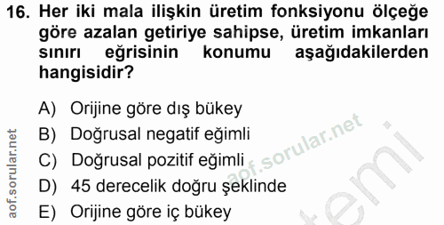 16. soru: Her iki mala ilişkin üretim fonksiyonu ölçeğe göre azalan getiriye sahipse, üretim imkanları Sınırı eğrisinin konumu…