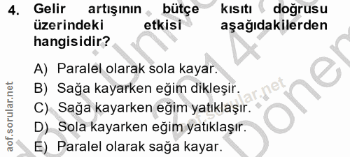 4. soru: Gelir artışının bütçe kısıtı doğrusu üzerindeki etkisi aşağıdakilerden hangisidir? A) Paralel olarak sola kayar. B) S…