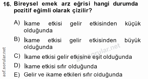 16. soru: Bireysel emek arz eğrisi hangi durumda pozitif eğimli olarak çizilir? A) İkame etkisi gelir etkisinden küçük olduğund…