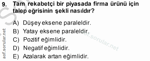 9. soru: Tam rekabetçi bir piyasada firma ürünü için talep eğrisinin şekli nasıldır? A) Düşey eksene paraleldir. B) Yatay ekse…