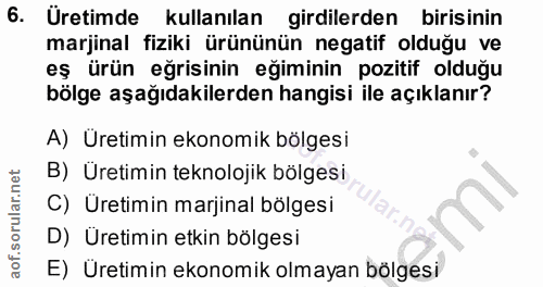 6. soru: Uretimde kullanılan girdilerden birisinin marjinal fiziki ürününün negatif olduğu ve eş ürün eğrisinin eğiminin pozit…