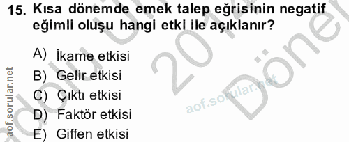 15. soru: Kısa dönemde emek talep eğrisinin negatif eğimli oluşu hangi etki ile açıklanır? U A) İkame etkisi B) Gelir etkisi C)…