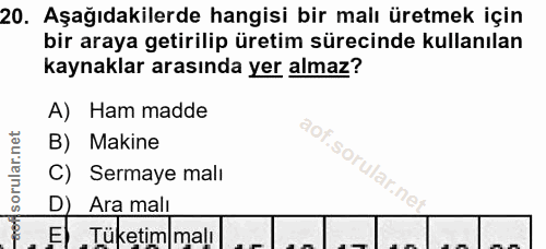 20. soru: Aşağıdakilerde hangisi bir malı üretmek için bir araya getirilip üretim sürecinde kullanılan kaynaklar arasında yer a…
