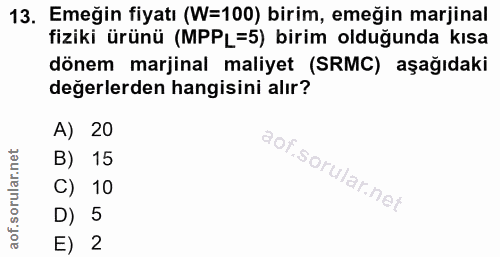 13. soru: Emeğin fiyatı (W=100) birim, emeğin marjinal fiziki ürünü (MPPL=5) birim olduğunda kısa dönem marjinal maliyet (SRMC)…