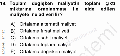 18. soru: Toplam değişken maliyetin toplam Çıktı miktarına oranlanması ile elde edilen maliyete ne ad verilir? A) Ortalama alte…