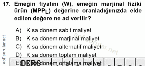 17. soru: Emeğin fiyatını (W), emeğin marjinal fiziki ürün (MPPL) değerine oranladığımızda elde edilen değere ne ad verilir? A)…