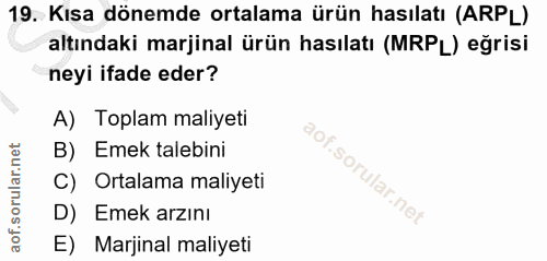 19. soru: Kısa dönemde ortalama ürün hasılatı (ARPL) altındaki marjinal ürün hasılatı (MRPL) eğrisi neyi ifade eder? A) Toplam…