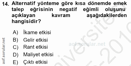 14. soru: Alternatif yönteme göre kısa dönemde emek talep eğrisinin negatif eğimli oluşunu açıklayan kavram aşağıdakilerden han…