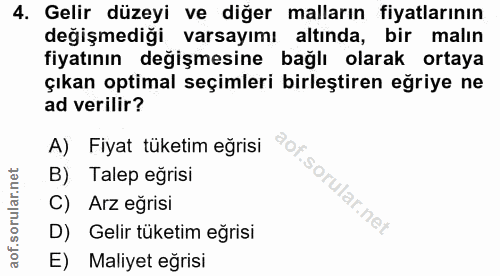 4. soru: Gelir düzeyi ve diğer malların fiyatlarının değişmediği varsayımı altında, bir malın fiyatının değişmesine bağlı olar…