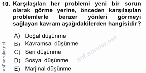 10. soru: Karşılaşılan her problemi yeni bir sorun olarak görme yerine, önceden karşılaşılan problemlerle benzer yönleri görmey…