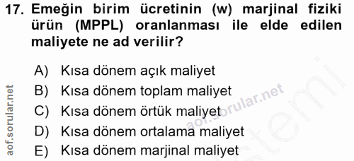 17. soru: Emeğin birim ücretinin (w) marjinal fiziki ürün (MPPL) oranlaması ile elde edilen maliyete ne ad verilir? A) Kısa dön…
