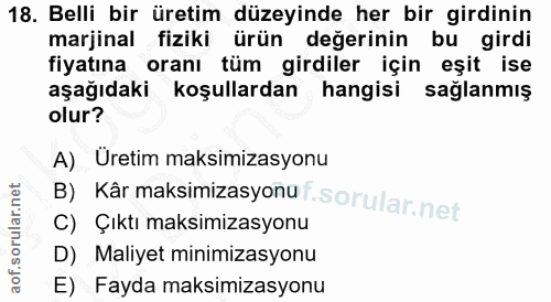 18. soru: Belli bir üretim düzeyinde her bir girdinin marjinal fiziki ürün değerinin bu girdi fiyatına oranı tüm girdiler için…