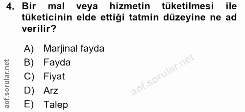 4. soru: Bir mal veya hizmetin tüketilmesi ile tüketicinin elde ettiği tatmin düzeyine ne ad verilir? A) Marjinal fayda B) Fay…