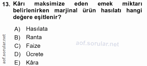 13. soru: Kârı maksimize eden emek miktarı belirlenirken marjinal ürün hasılatı hangi değere eşitlenir? A) Hasılata B) Ranta C)…