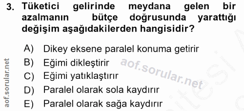 3. soru: Tüketici gelirinde meydana gelen bir azalmanın bütçe doğrusunda yarattığı değişim aşağıdakilerden hangisidir? A) Dike…