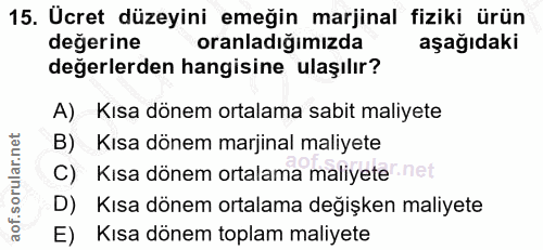 15. soru: Ucret düzeyini emeğin marjinal fiziki ürün değerine oranladığımızda aşağıdaki değerlerden hangisine ulaşılır? A) Kısa…
