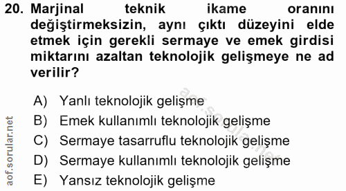20. soru: Marjinal teknik ikame oranını değiştirmeksizin, aynı çıktı düzeyini elde etmek için gerekli sermaye ve emek girdisi m…
