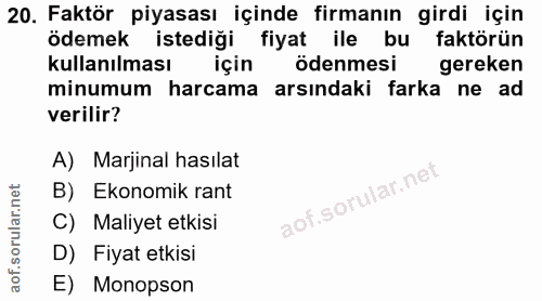20. soru: Faktör piyasası içinde firmanın girdi için ödemek istediği fiyat ile bu faktörün kullanılması için ödenmesi gereken m…