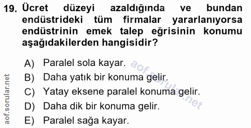 19. soru: Ücret düzeyi azaldiğinda ve bundan endüstrideki tüm firmalar yararlanıyorsa endüstrinin emek talep eğrisinin konumu a…