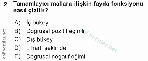 2. soru: Tamamlayıcı mallara ilişkin fayda fonksiyonu nasıl çizilir? A) Iç bükey B) Doğrusal pozitif eğimll/ C) Dış bükey D) L…