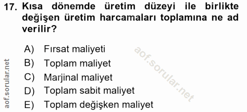 17. soru: Kısa dönemde üretim düzeyi ile birlikte değişen üretim harcamaları toplamına ne ad verilir? A) Fırsat maliyeti B) Top…