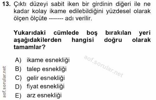 13. soru: Çıktı düzeyi sabit iken bir girdinin diğeri ile ne kadar kolay ikame edilebildiğini yüzdesel olarak ölçen ölçüte ----…