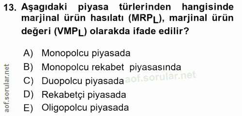13. soru: Aşagıdaki piyasa türlerinden hangisinde marjinal ürün hasılatı (MRPL), marjinal ürün değeri (VMPL) olarakda ifade edi…