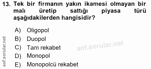 13. soru: Tek bir firmanın yakın ikamesi olmayan bir malı üretip sattiğı piyasa türü aşağıdakilerden hangisidir? A) Oligopol B)…