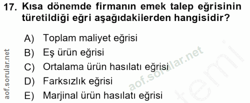17. soru: Kısa dönemde firmanın emek talep eğrisinin türetildiği eğri aşağıdakilerden hangisidir? A) Toplam maliyet eğrisi C) O…