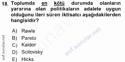 18. soru: Toplumda en kötü durumda olanların yararına olan politikaların adalete uygun olduğunu ileri süren iktisatcı aşağıdaki…