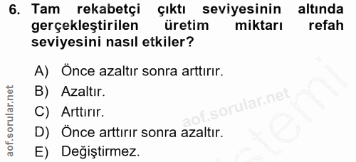 6. soru: Tam rekabetçi çıktı seviyesinin altında gerçekleştirilen üretim miktarı refah seviyesini nasıl etkiler? A) Önce azalt…